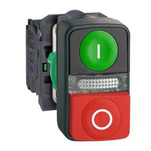 Schneider XB5AW73731B5 yeşil sıva altı/kırmızı çıkık ışıklı çift başlıklı İkiz Buton Ø22 1NA+1NK 24V