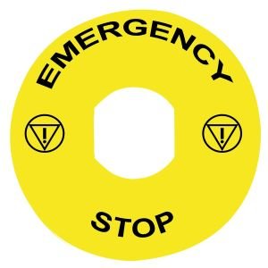 Schneider ZBY8330 acil durdurma için işaretli yazı Ø90 - EMERGENCY STOP/logo ISO13850
