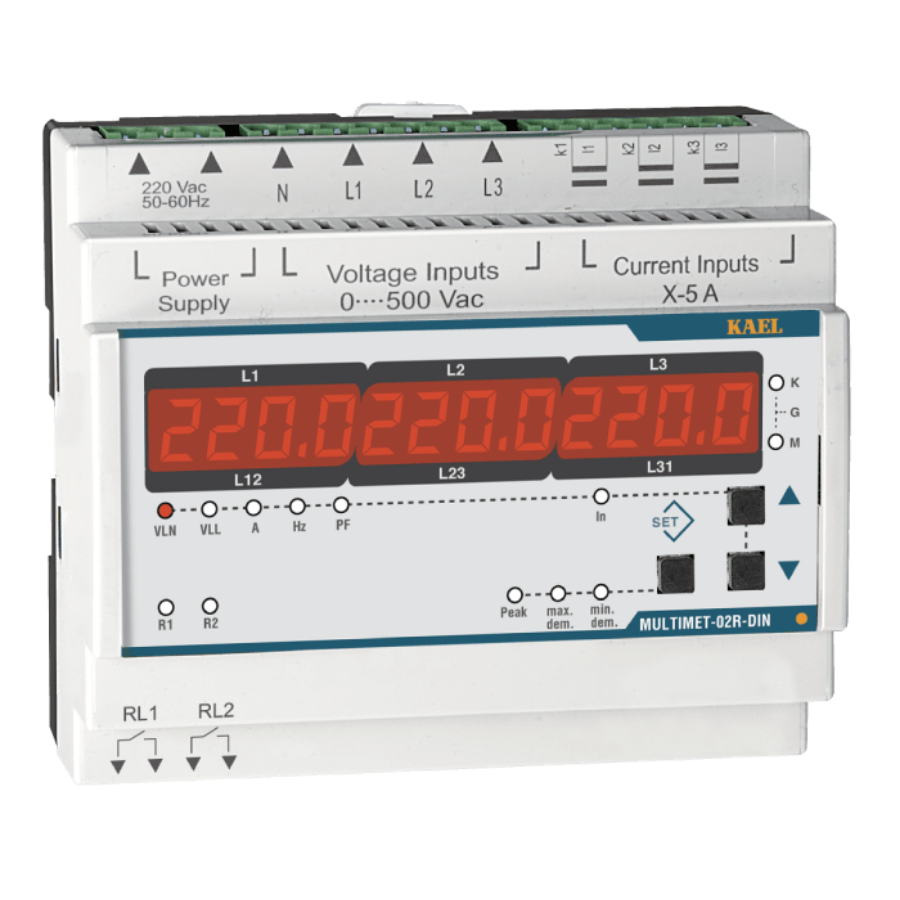 Kael MULTIMET-02-R-DIN Raya Montaj 2 Röle Çıkışlı Multimetre