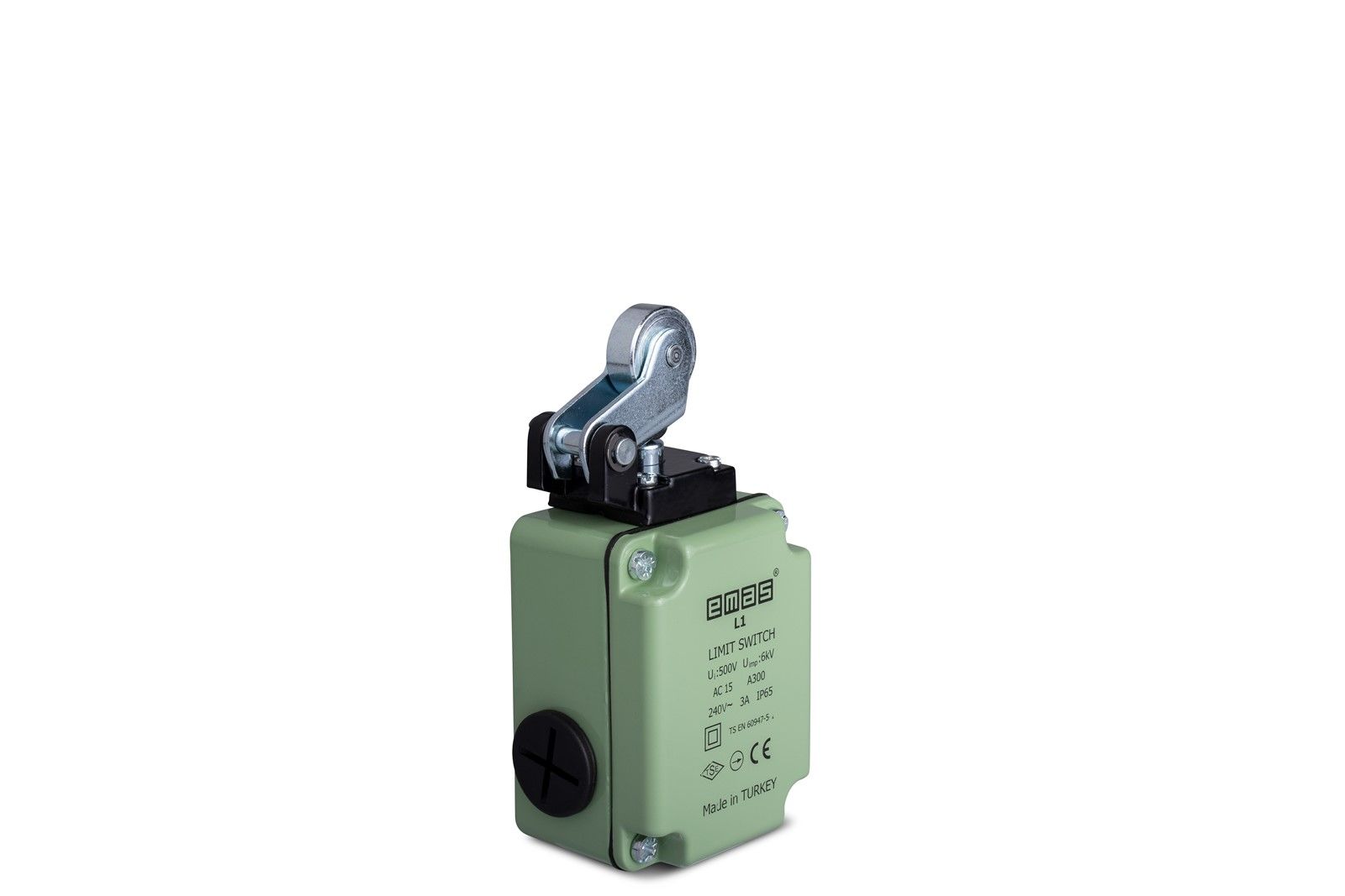 Emas L1K13MIM211 L1 Metal Gövde 22 mm Metal Makaralı Manivela Ani Hareketli 1NO+1NC Sınır Şalter