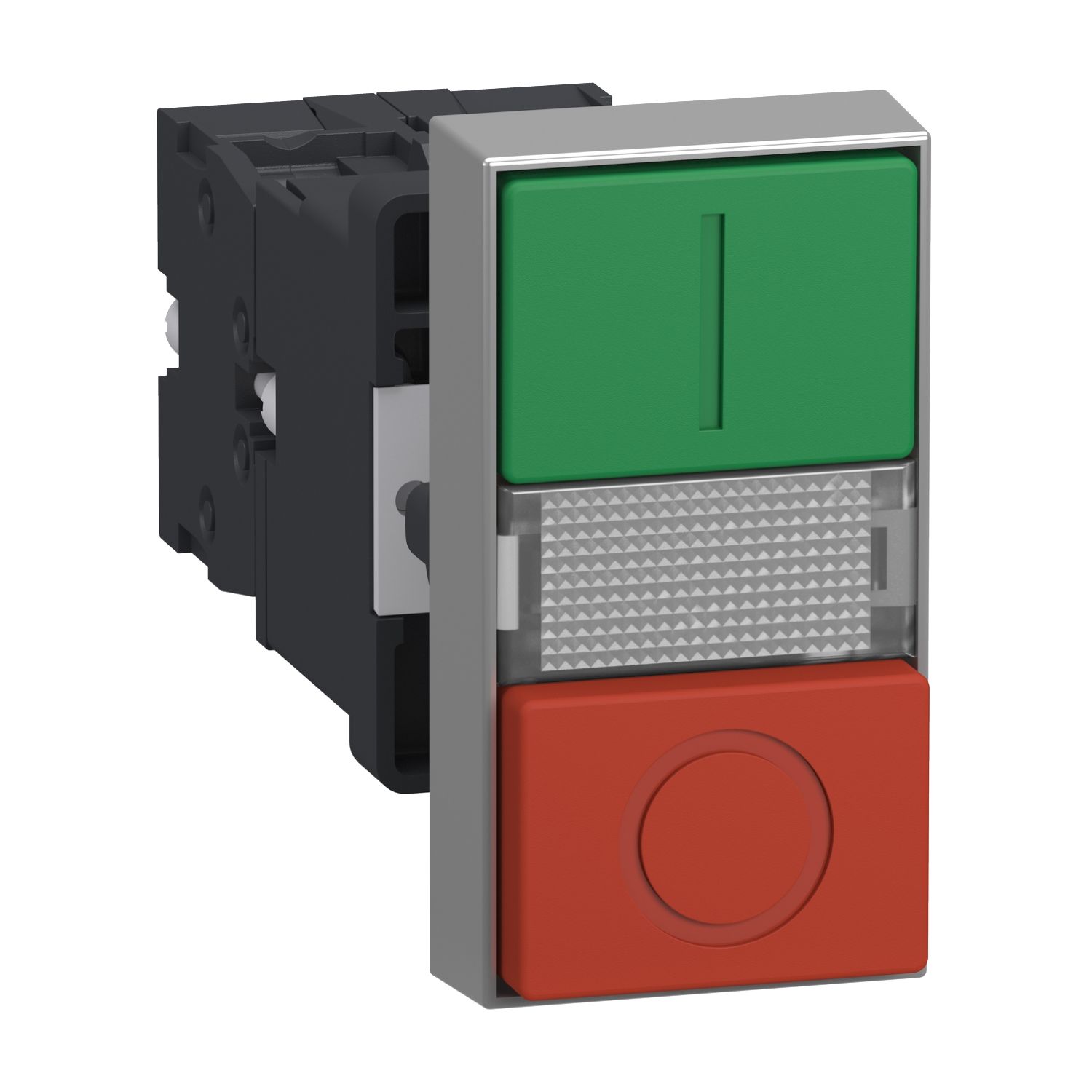 Schneider XA2EW7L3741B5 Çift Başlı Buton, Plastik, Gömme Basmalı, ''I'' İşaretli Yeşil, ''O'' İşaretli Kırmızı, Beyaz Işıklı Buton Bloklu, 24 V AC/C