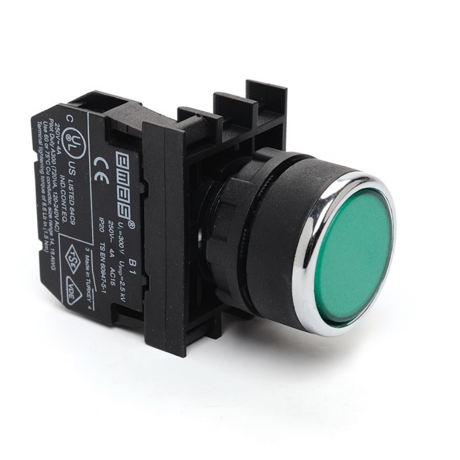 Emas B100DY 1 NA 22mm IP50 Düz Yeşil Yaylı Start Buton