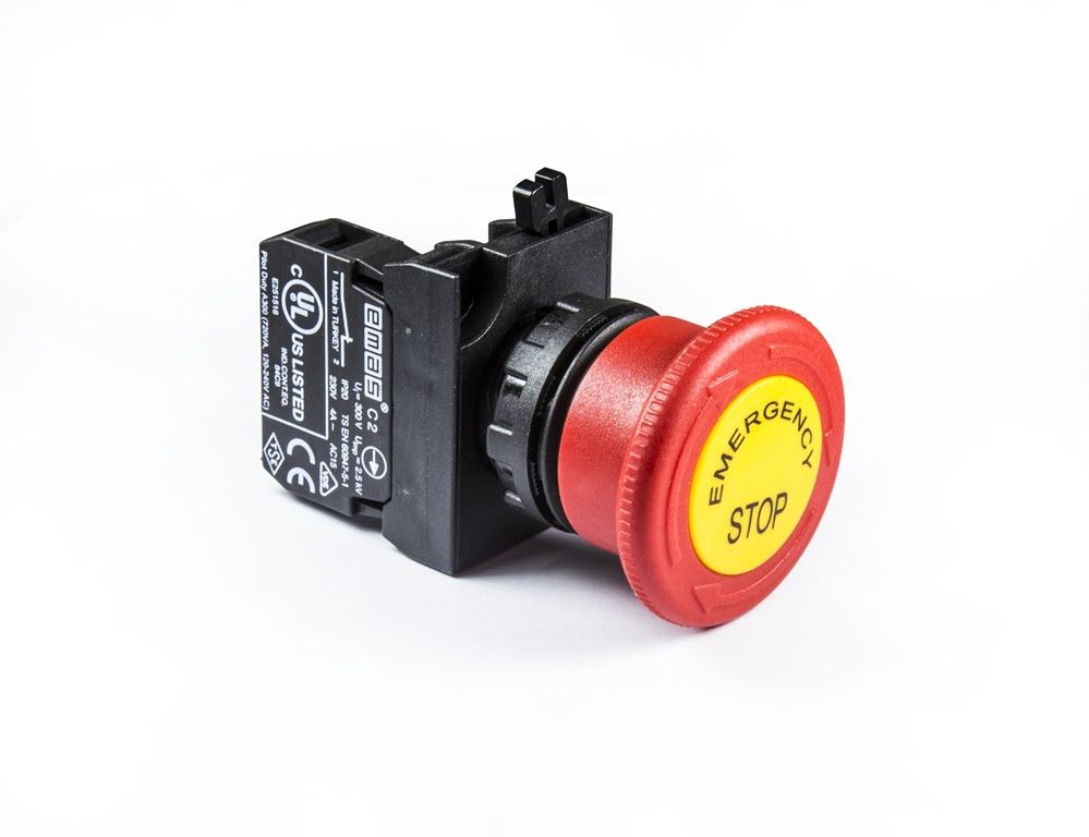Emas CP200EE CP Serisi Plastik 1NC Acil Stop 40 mm Çevirmeli Etiketli Kırmızı 22 mm Buton