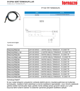 Fornazzo FNAZ-B12P08/6M Çap 8 90 Derece 6M Kablolu Fe Const Tip Termokupl